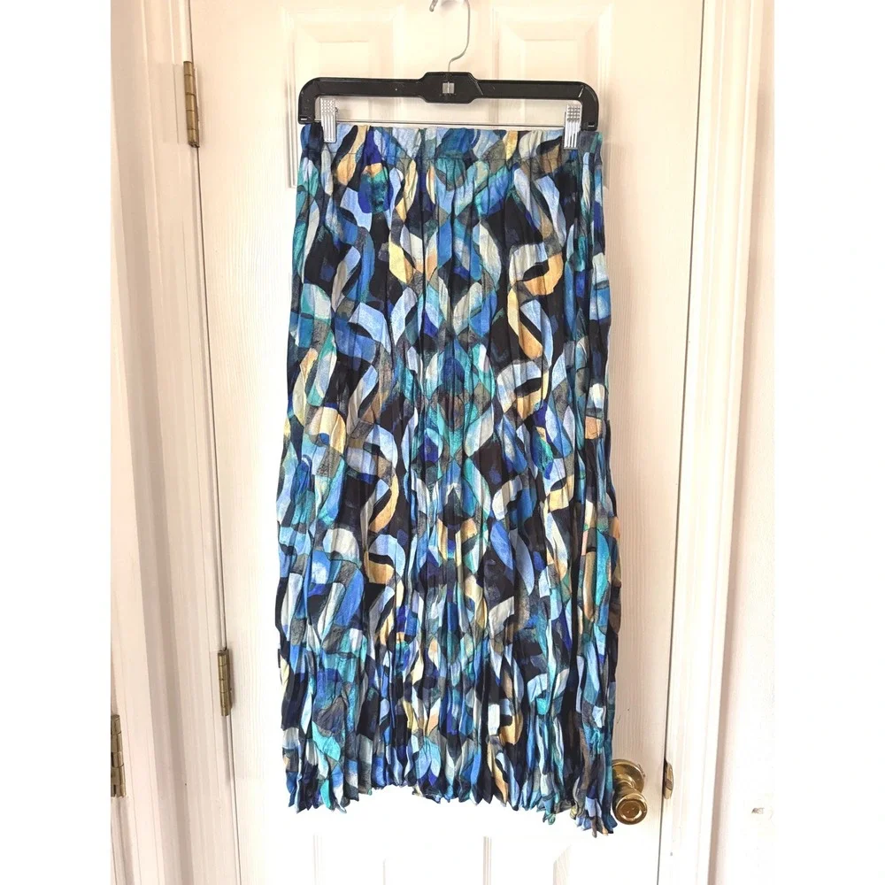 NIC+ZOE Wave Links Midi Skirt Blue Multi A-Line Elastic Waist‎ Small